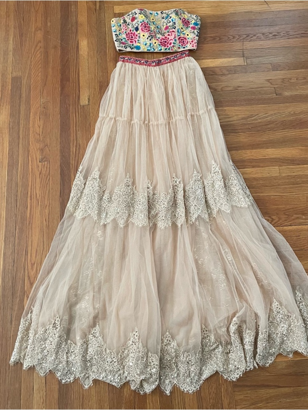 Sherri Hill Blush Lace-Trim A-Line Tulle Skirt and EmbroideredTop Prom Two-Piece